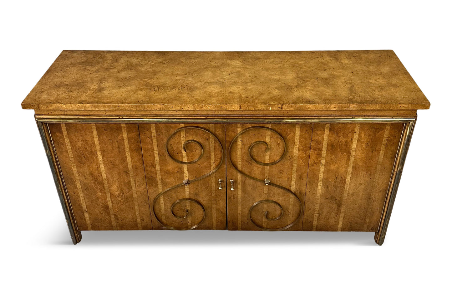 1950s Neoclassical Revival Sideboard in Pecan and Burl with Brass Scroll Details