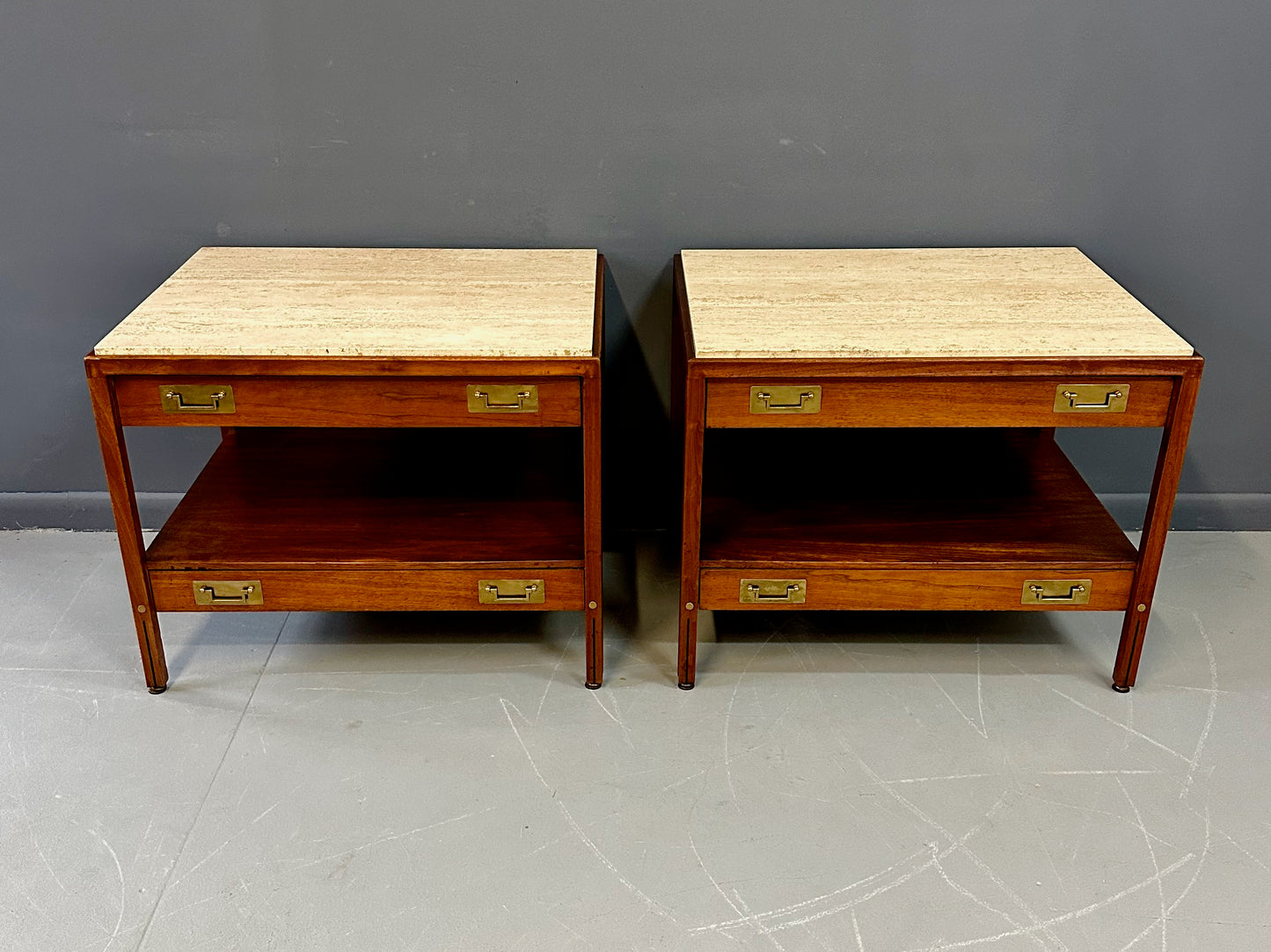 SOLD – Pair of Walnut and Travertine Nightstands with Brass Accents and Rosewood Trim