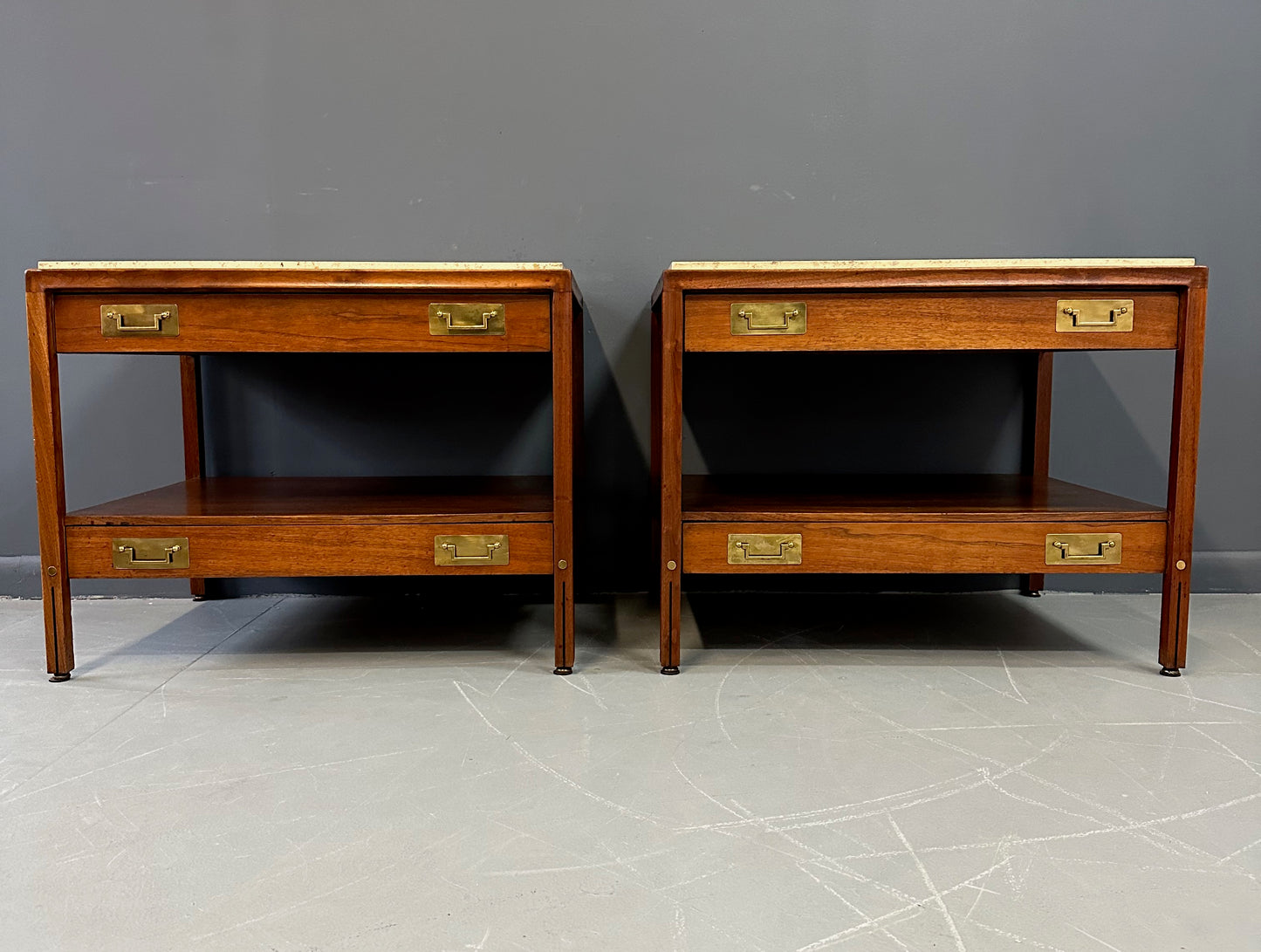 SOLD – Pair of Walnut and Travertine Nightstands with Brass Accents and Rosewood Trim