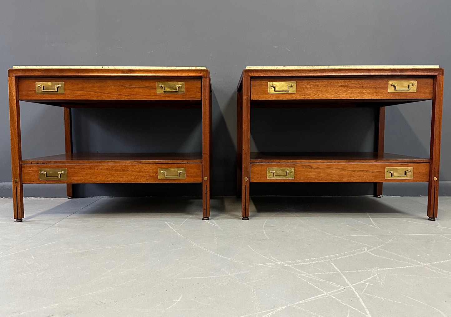 SOLD – Pair of Walnut and Travertine Nightstands with Brass Accents and Rosewood Trim