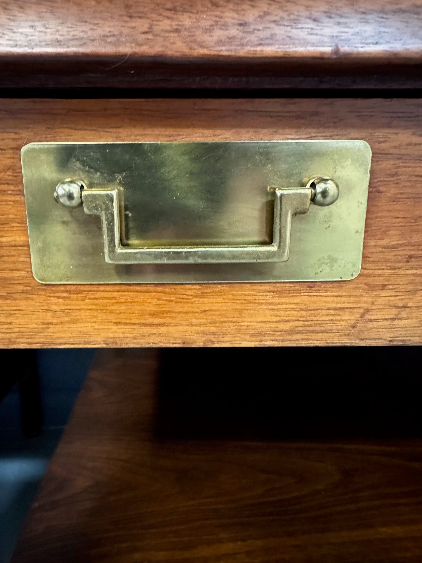 SOLD – Pair of Walnut and Travertine Nightstands with Brass Accents and Rosewood Trim