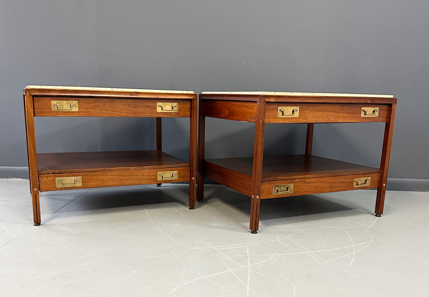 SOLD – Pair of Walnut and Travertine Nightstands with Brass Accents and Rosewood Trim