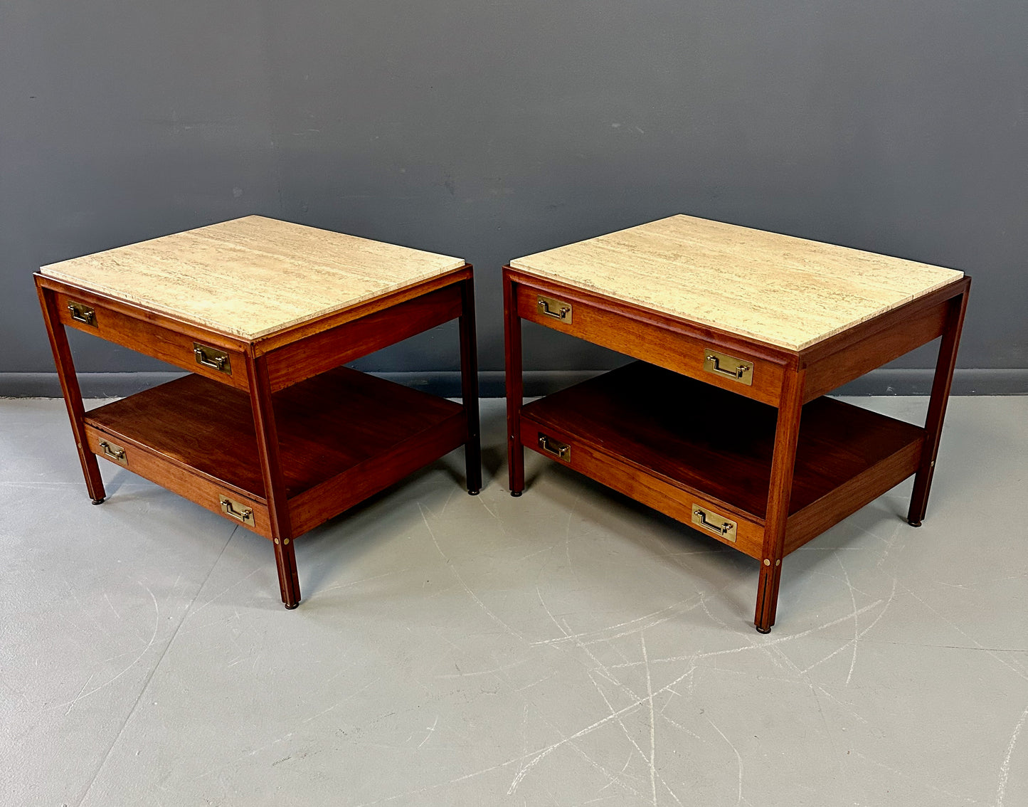 SOLD – Pair of Walnut and Travertine Nightstands with Brass Accents and Rosewood Trim