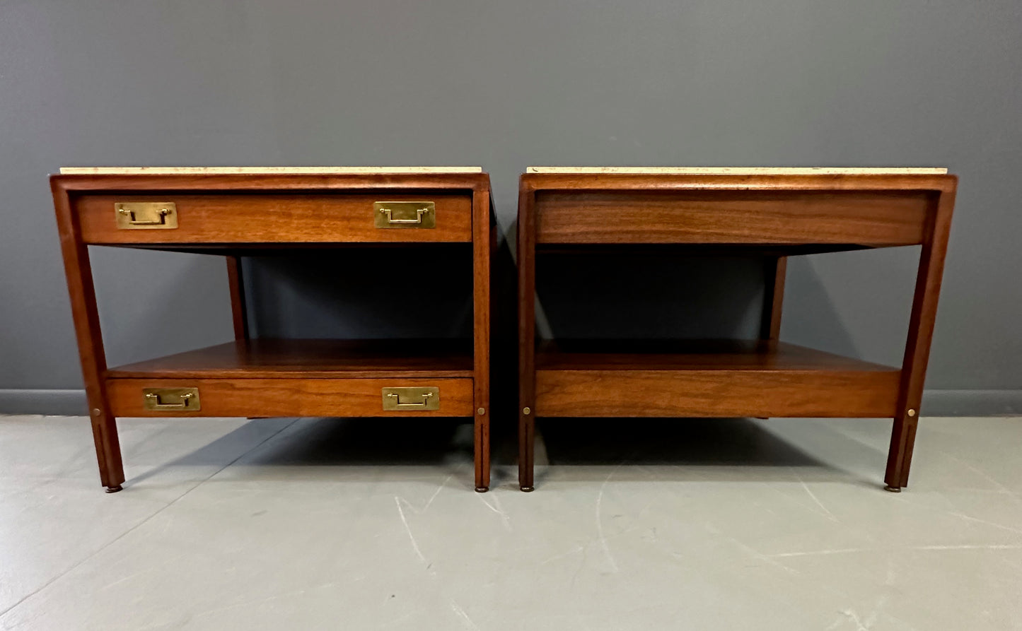 SOLD – Pair of Walnut and Travertine Nightstands with Brass Accents and Rosewood Trim