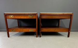 Pair of Walnut and Travertine Nightstands with Brass Accents and Rosewood Trim