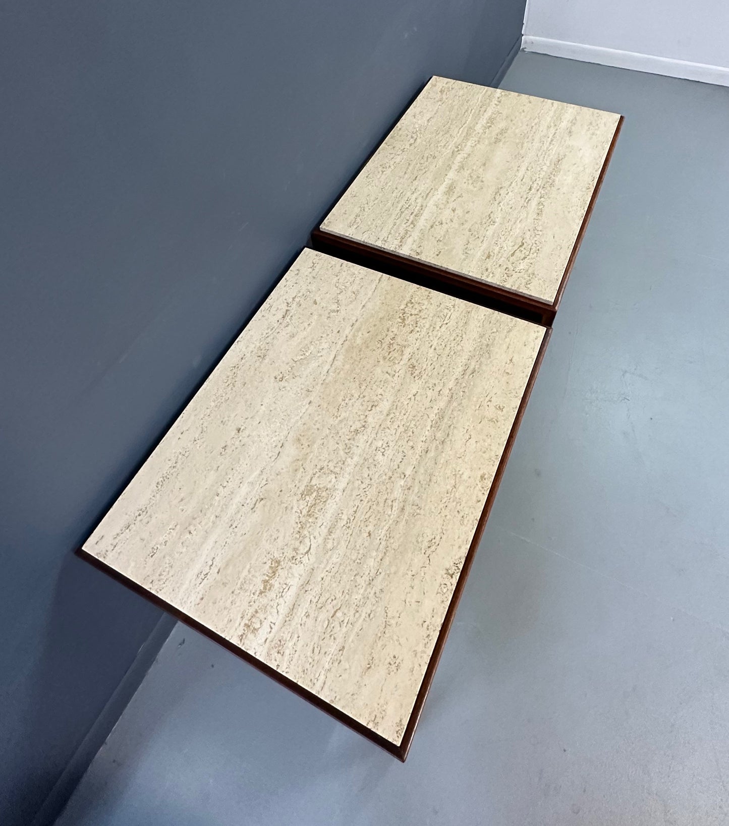 SOLD – Pair of Walnut and Travertine Nightstands with Brass Accents and Rosewood Trim