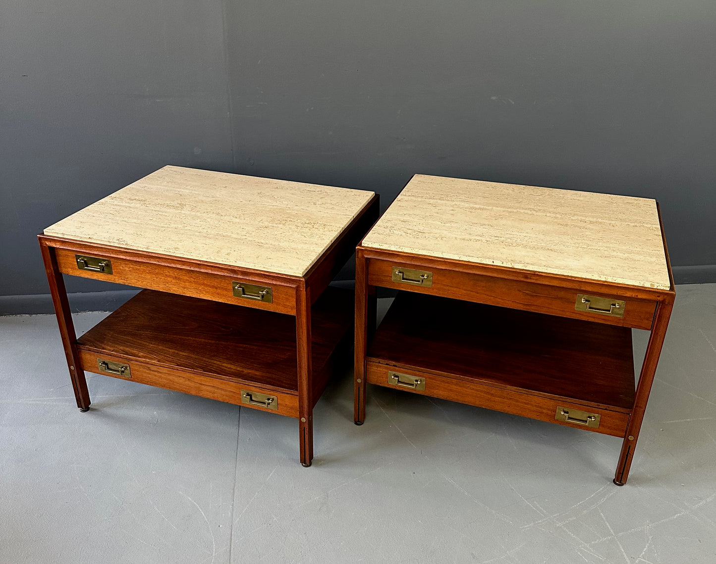 SOLD – Pair of Walnut and Travertine Nightstands with Brass Accents and Rosewood Trim