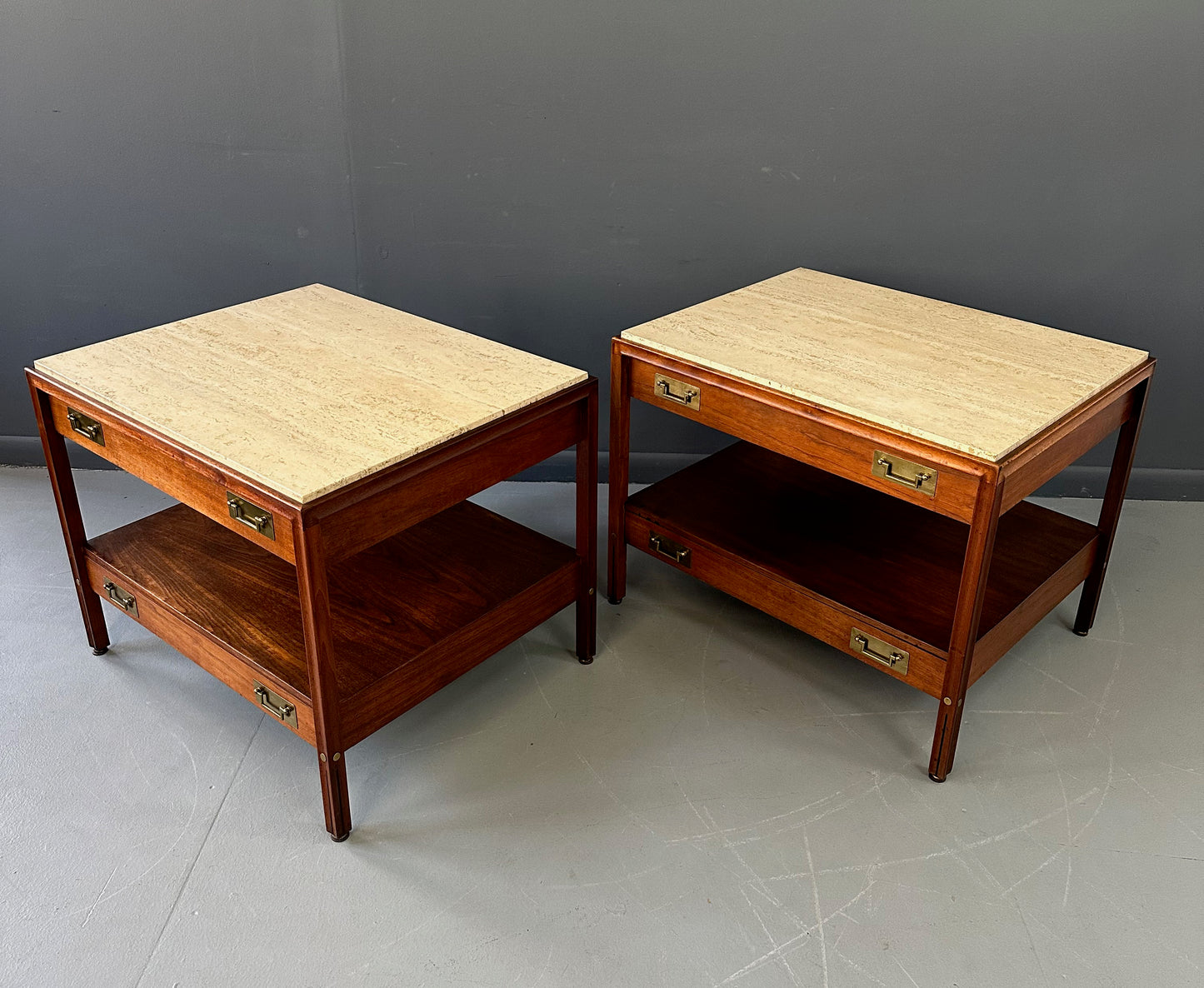 SOLD – Pair of Walnut and Travertine Nightstands with Brass Accents and Rosewood Trim