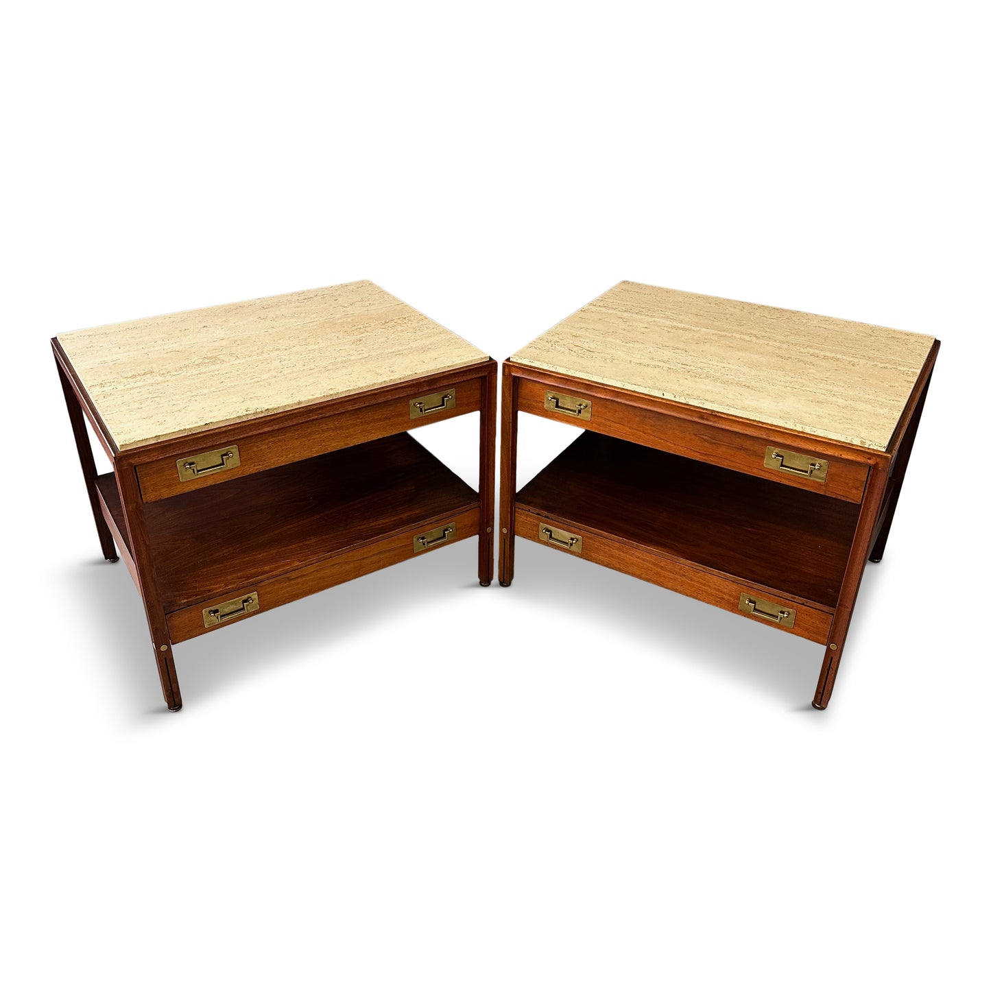 SOLD – Pair of Walnut and Travertine Nightstands with Brass Accents and Rosewood Trim