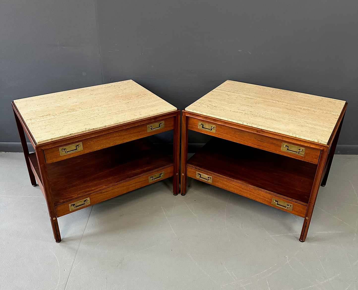 SOLD – Pair of Walnut and Travertine Nightstands with Brass Accents and Rosewood Trim