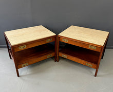 Load image into Gallery viewer, Pair of Walnut and Travertine Nightstands with Brass Accents and Rosewood Trim