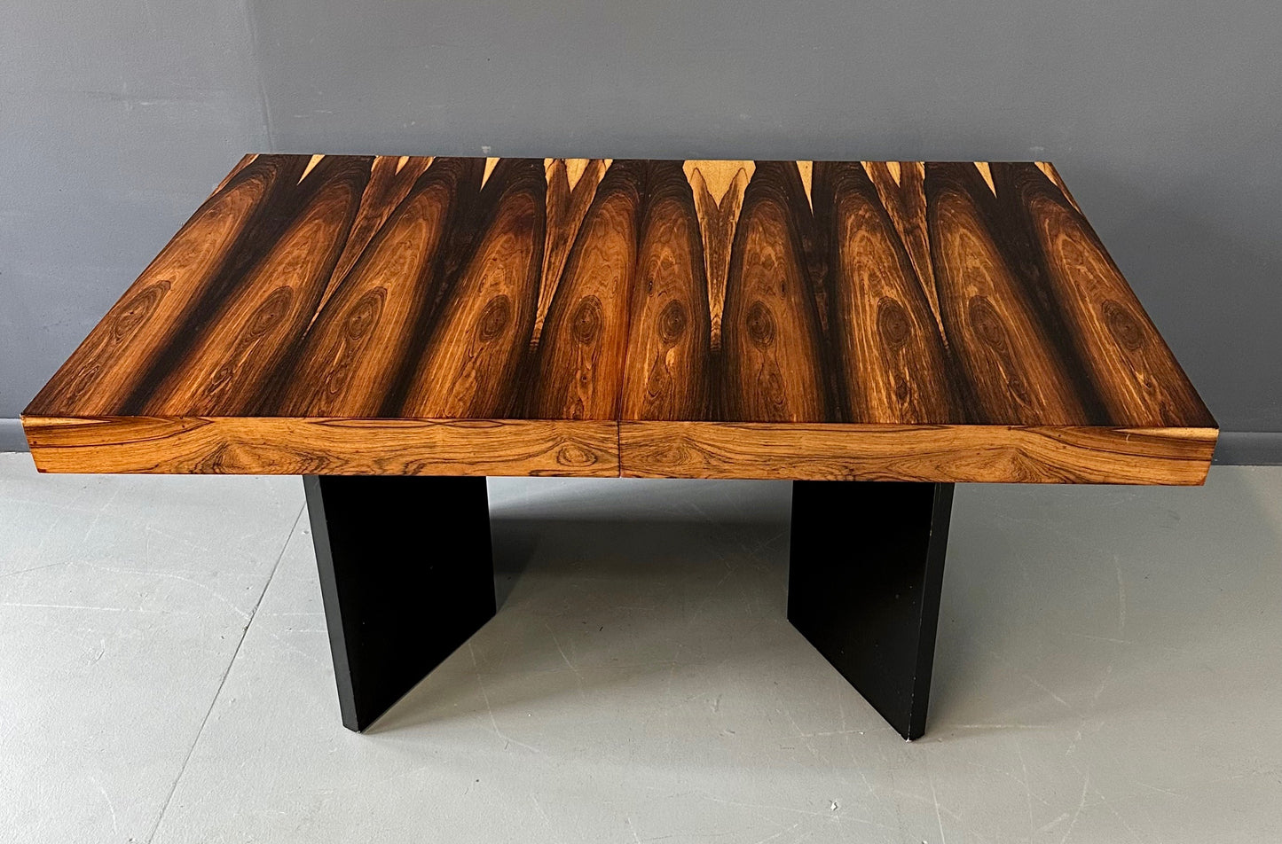 SOLD – Milo Baughman Style Dining Table in Incredible Marabunda Wood Veneer Mid Century
