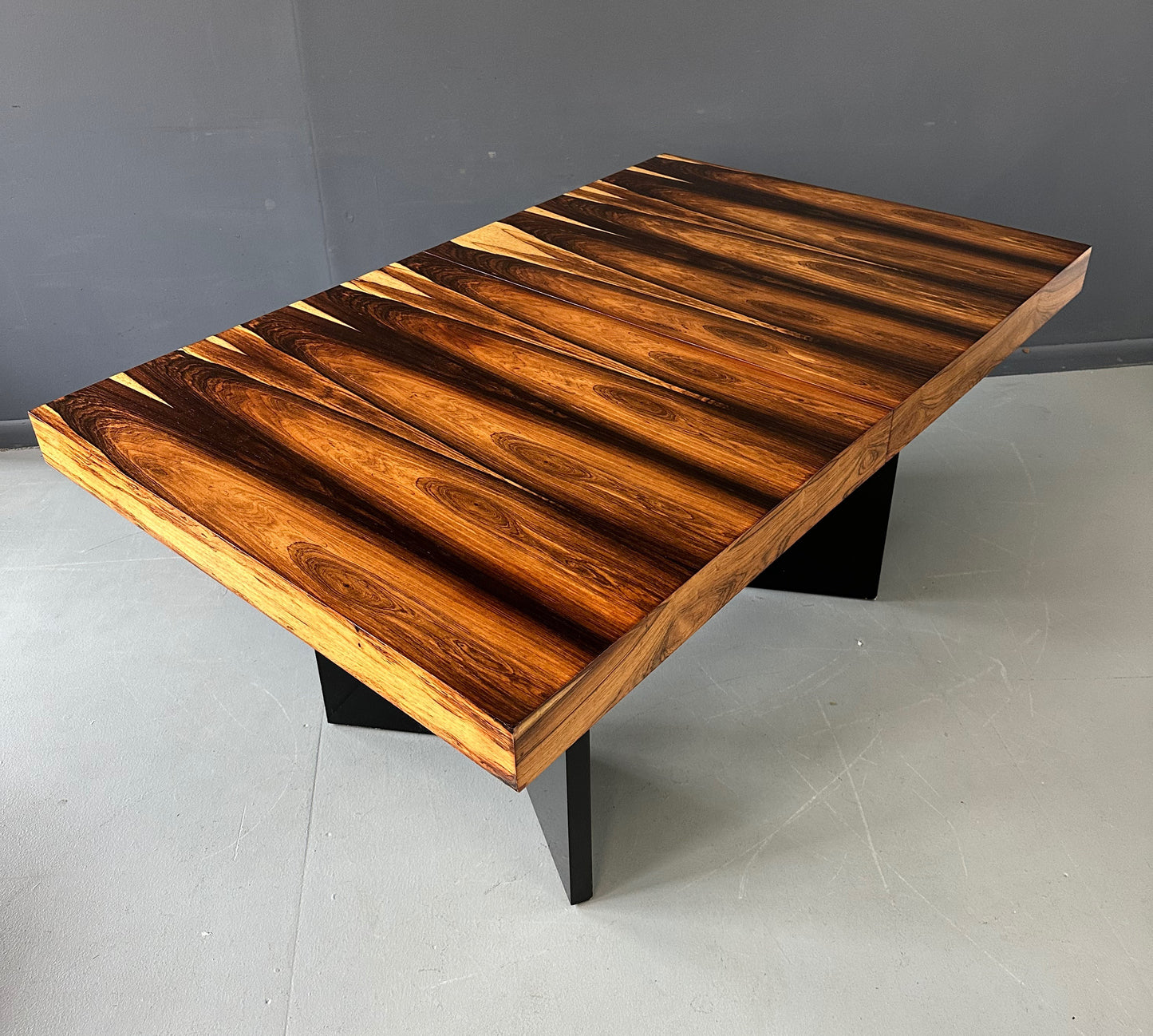 SOLD – Milo Baughman Style Dining Table in Incredible Marabunda Wood Veneer Mid Century