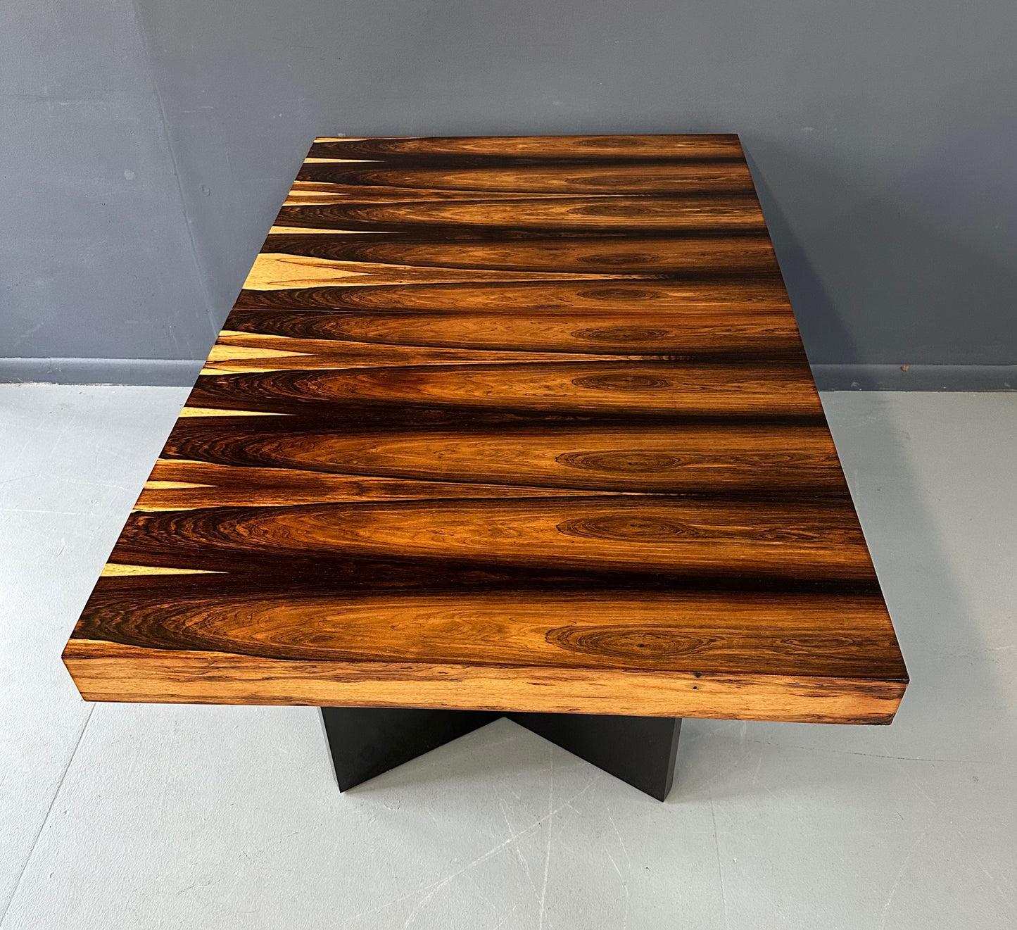 SOLD – Milo Baughman Style Dining Table in Incredible Marabunda Wood Veneer Mid Century
