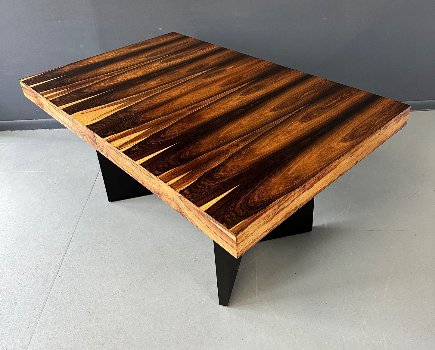 SOLD – Milo Baughman Style Dining Table in Incredible Marabunda Wood Veneer Mid Century