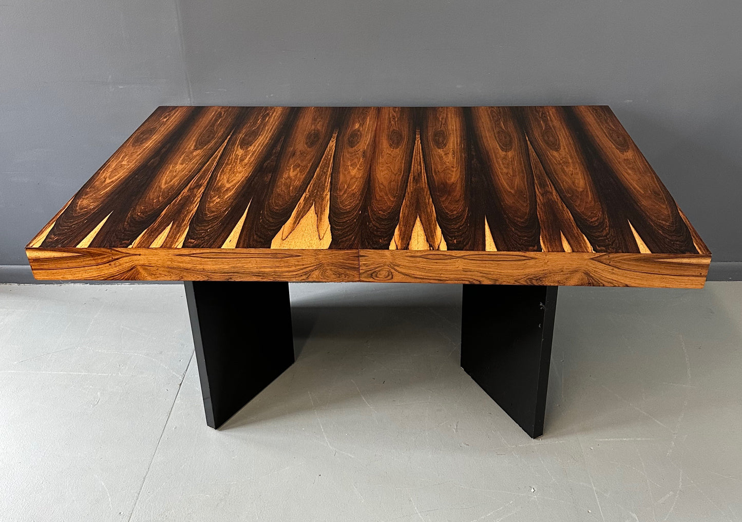 SOLD – Milo Baughman Style Dining Table in Incredible Marabunda Wood Veneer Mid Century