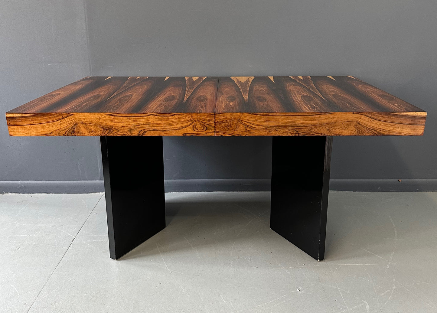 SOLD – Milo Baughman Style Dining Table in Incredible Marabunda Wood Veneer Mid Century