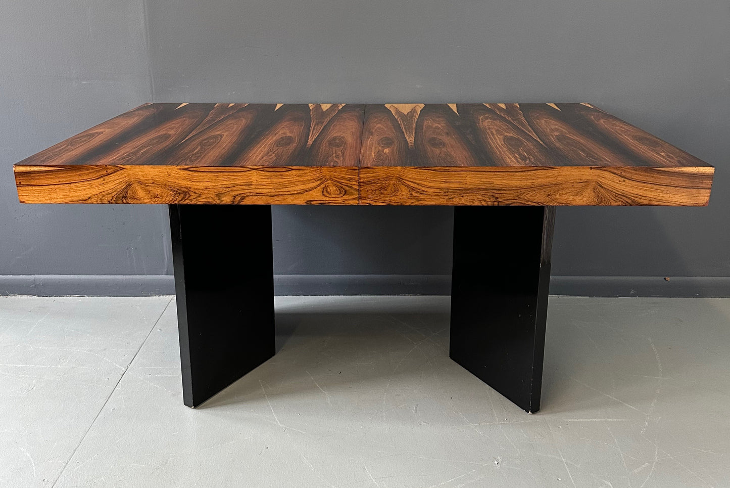 SOLD – Milo Baughman Style Dining Table in Incredible Marabunda Wood Veneer Mid Century