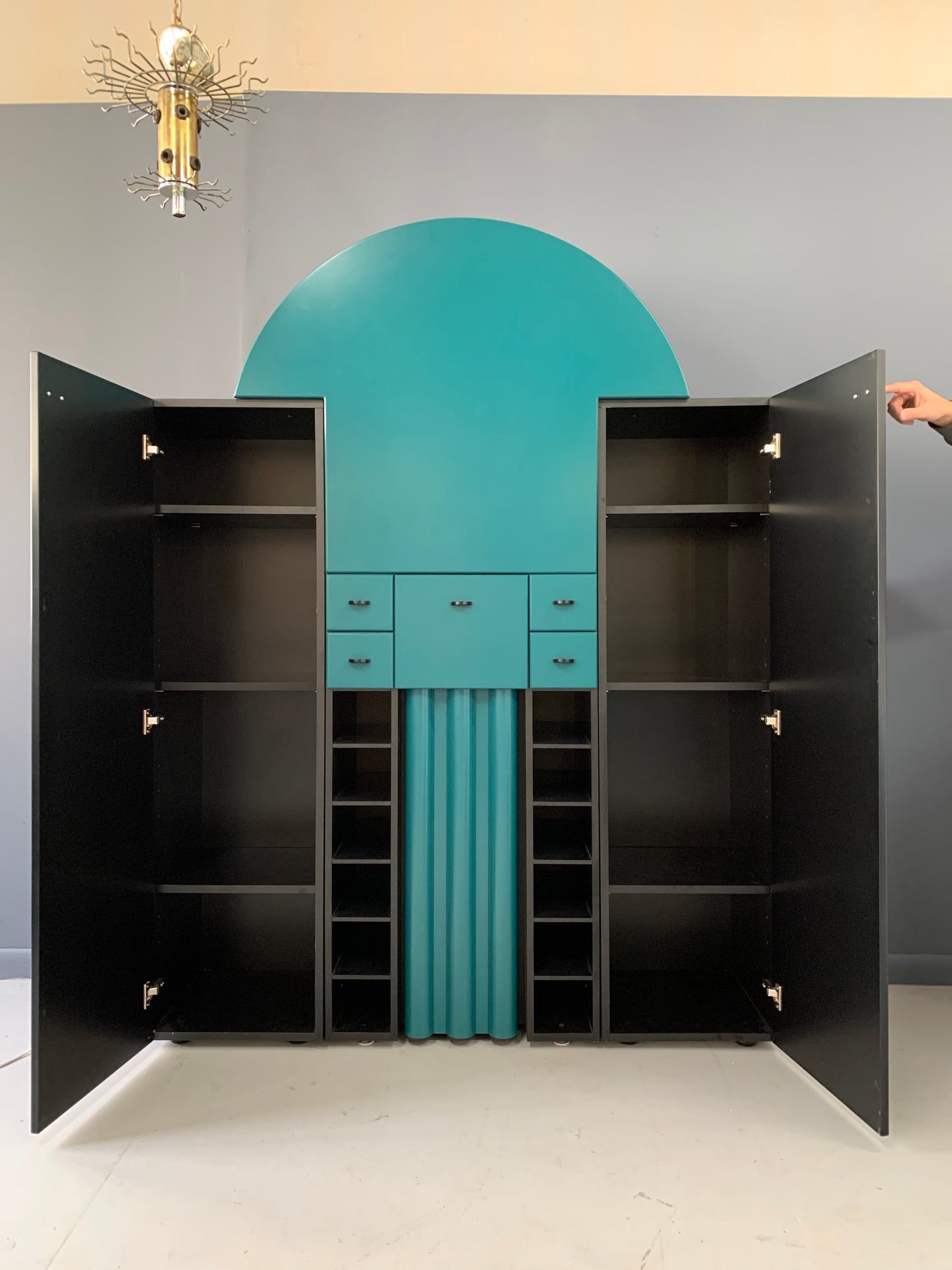 SOLD – Post Modern Interlübke Teal and Black Bar with Fold-Down Plate, Germany, 1970s