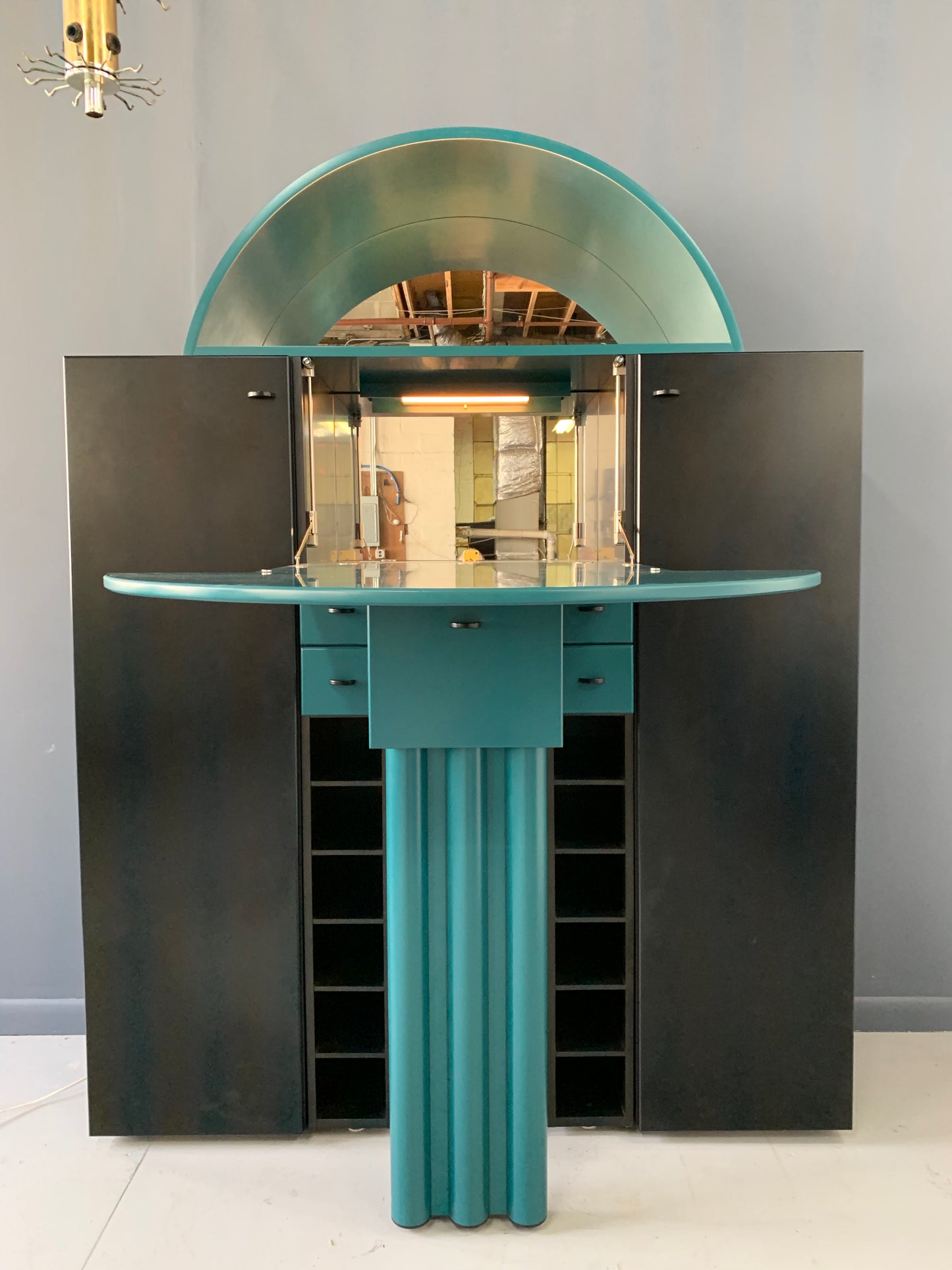 SOLD – Post Modern Interlübke Teal and Black Bar with Fold-Down Plate, Germany, 1970s