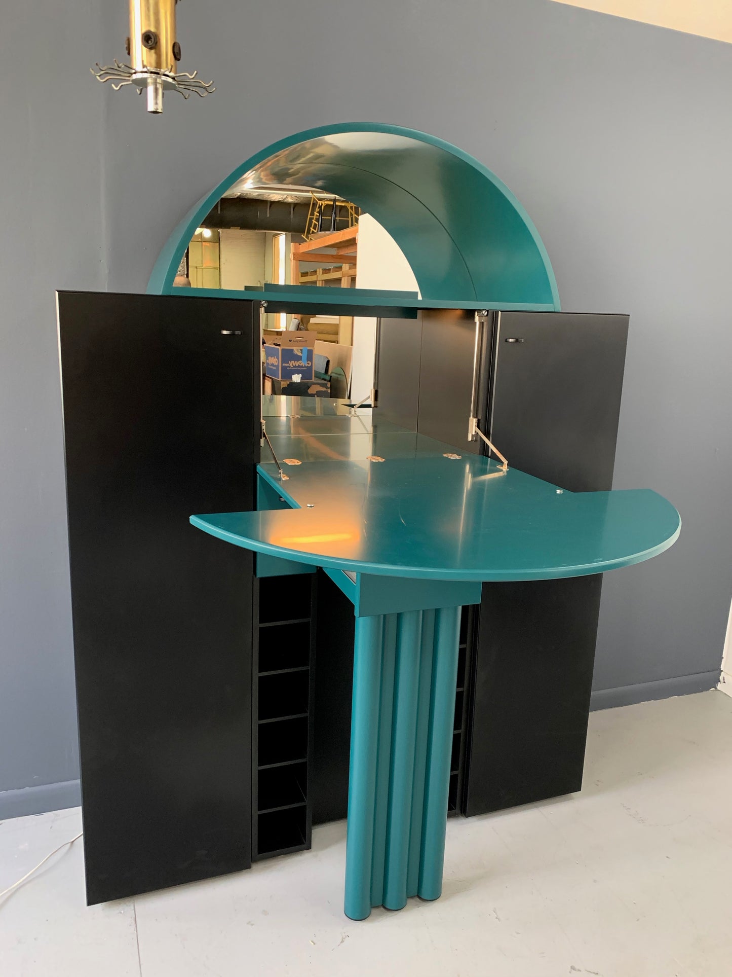 SOLD – Post Modern Interlübke Teal and Black Bar with Fold-Down Plate, Germany, 1970s