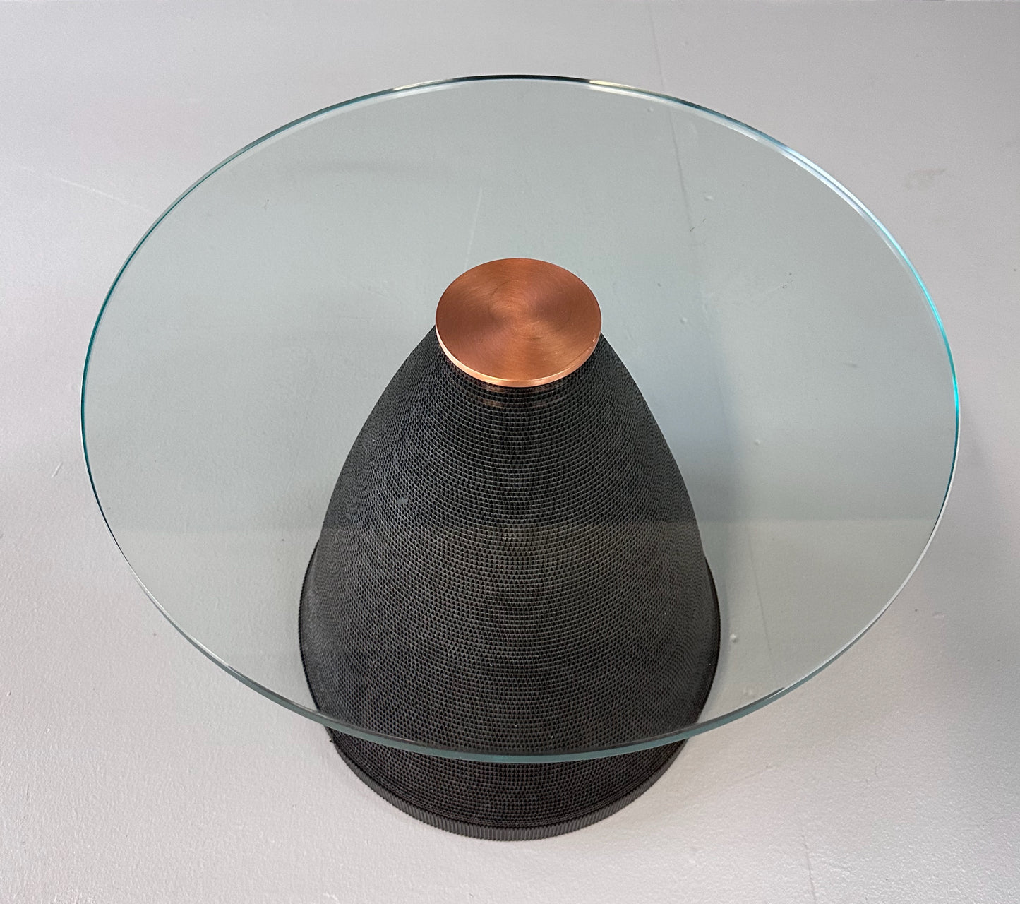 Flute of Chicago Corrugated Side Table w/ Glass Top and Copper Disc Centerpiece