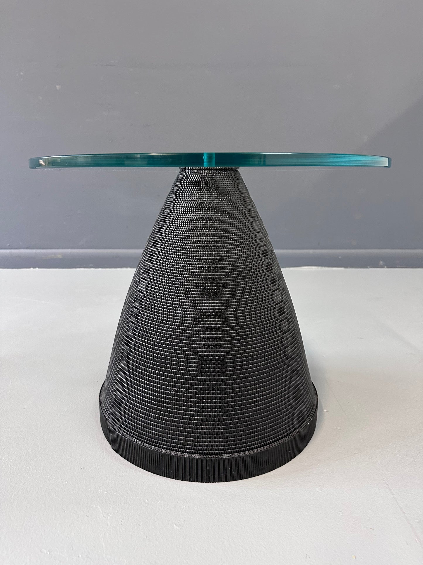 Flute of Chicago Corrugated Side Table w/ Glass Top and Copper Disc Centerpiece