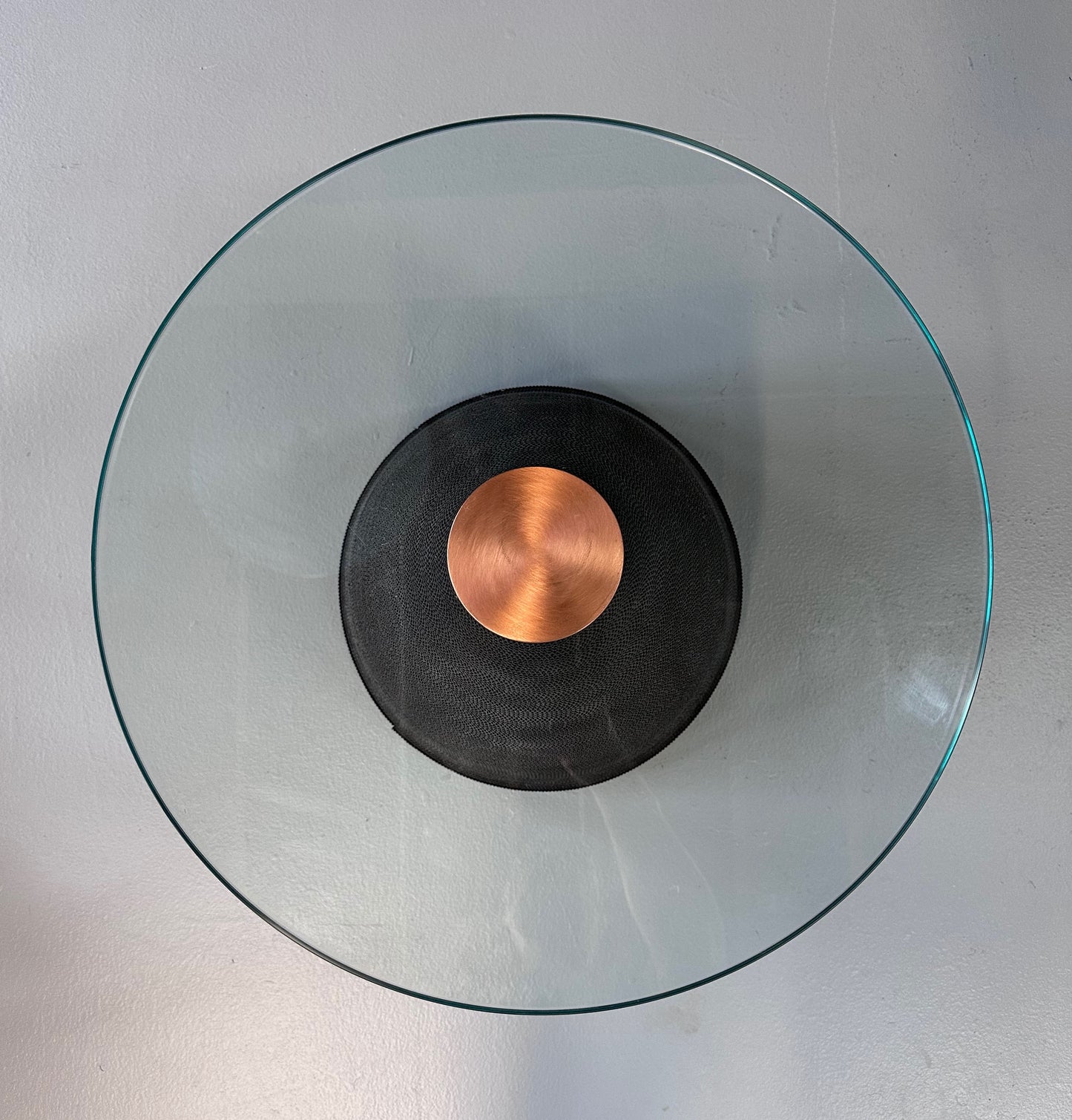 Flute of Chicago Corrugated Side Table w/ Glass Top and Copper Disc Centerpiece