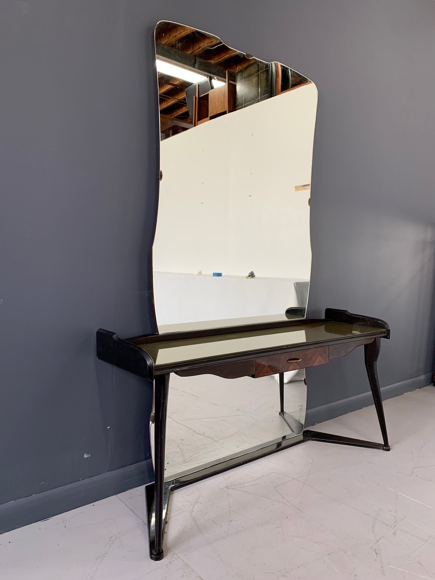SOLD – Italian Midcentury Vanity Console Table Cesare Lacca Style with Large Mirror
