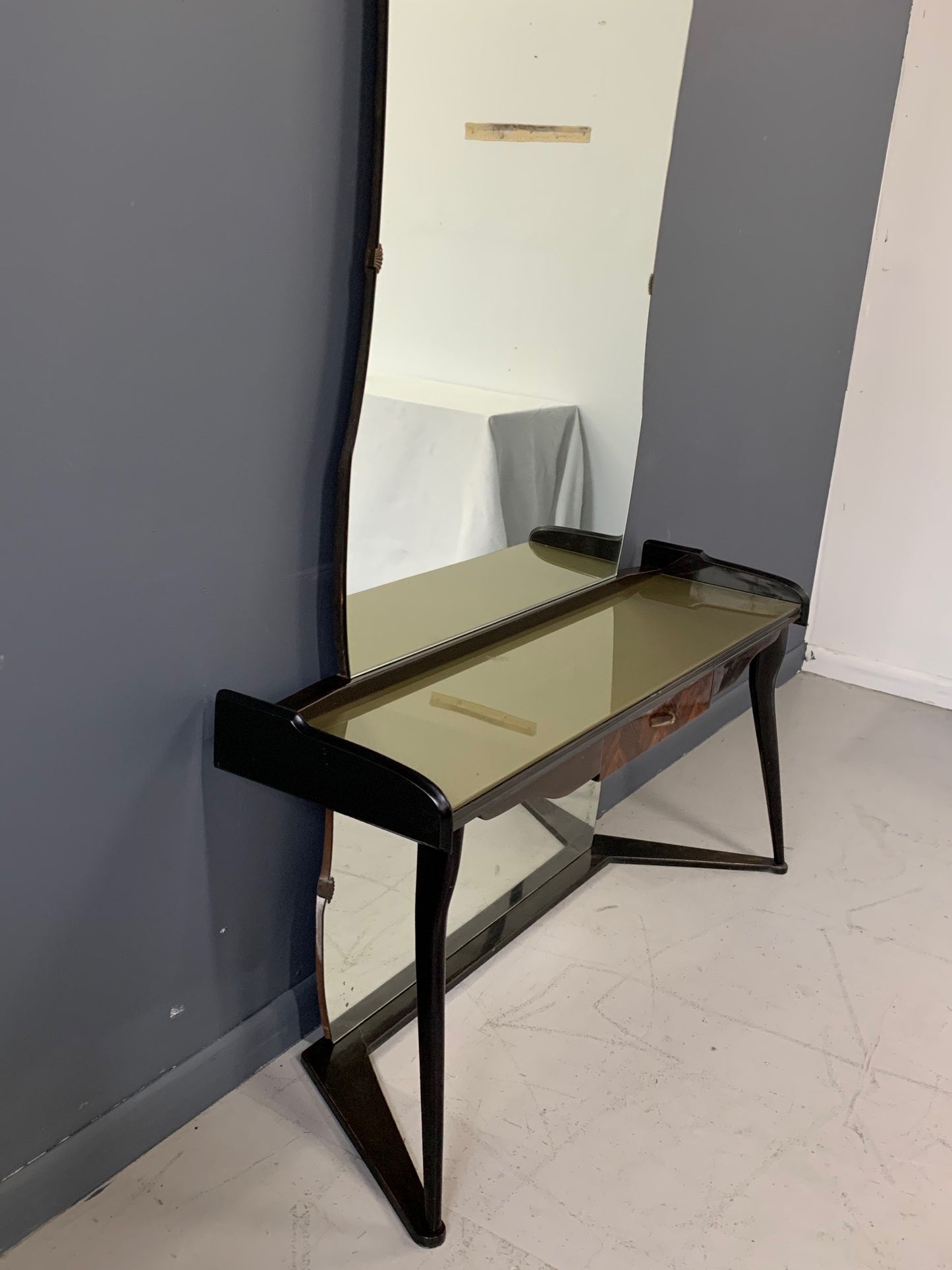 SOLD – Italian Midcentury Vanity Console Table Cesare Lacca Style with Large Mirror