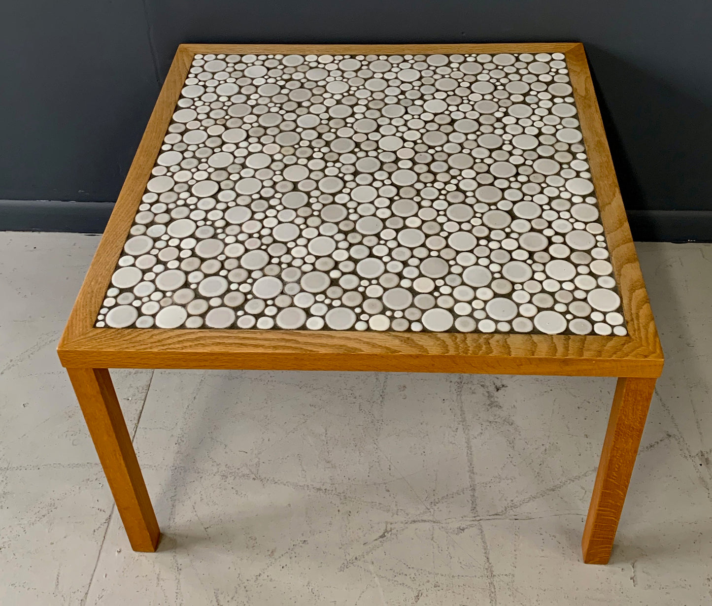 SOLD – Martz Square Coffee Table in White Ceramic Circular Tiles Set in Charcoal Grout