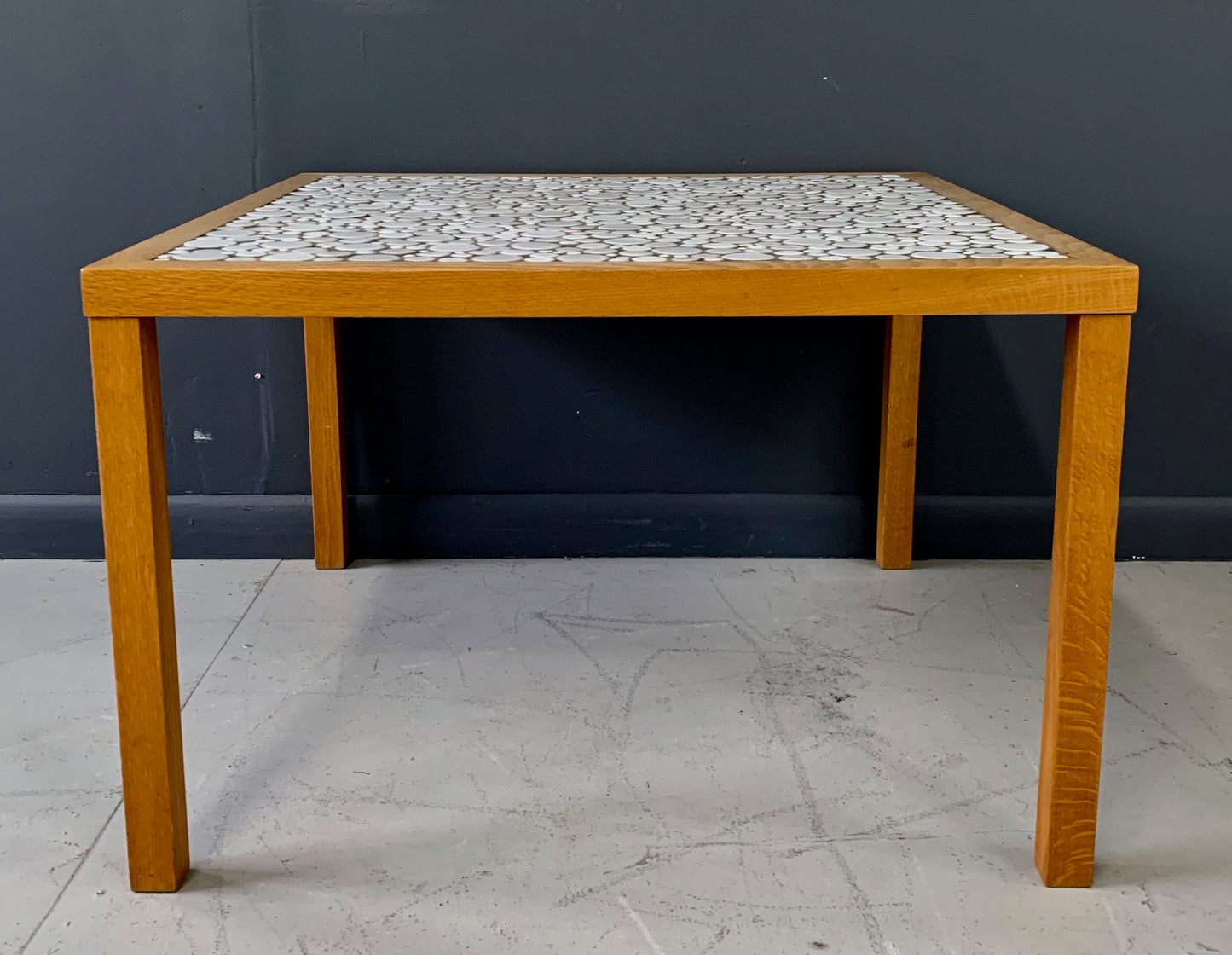 SOLD – Martz Square Coffee Table in White Ceramic Circular Tiles Set in Charcoal Grout