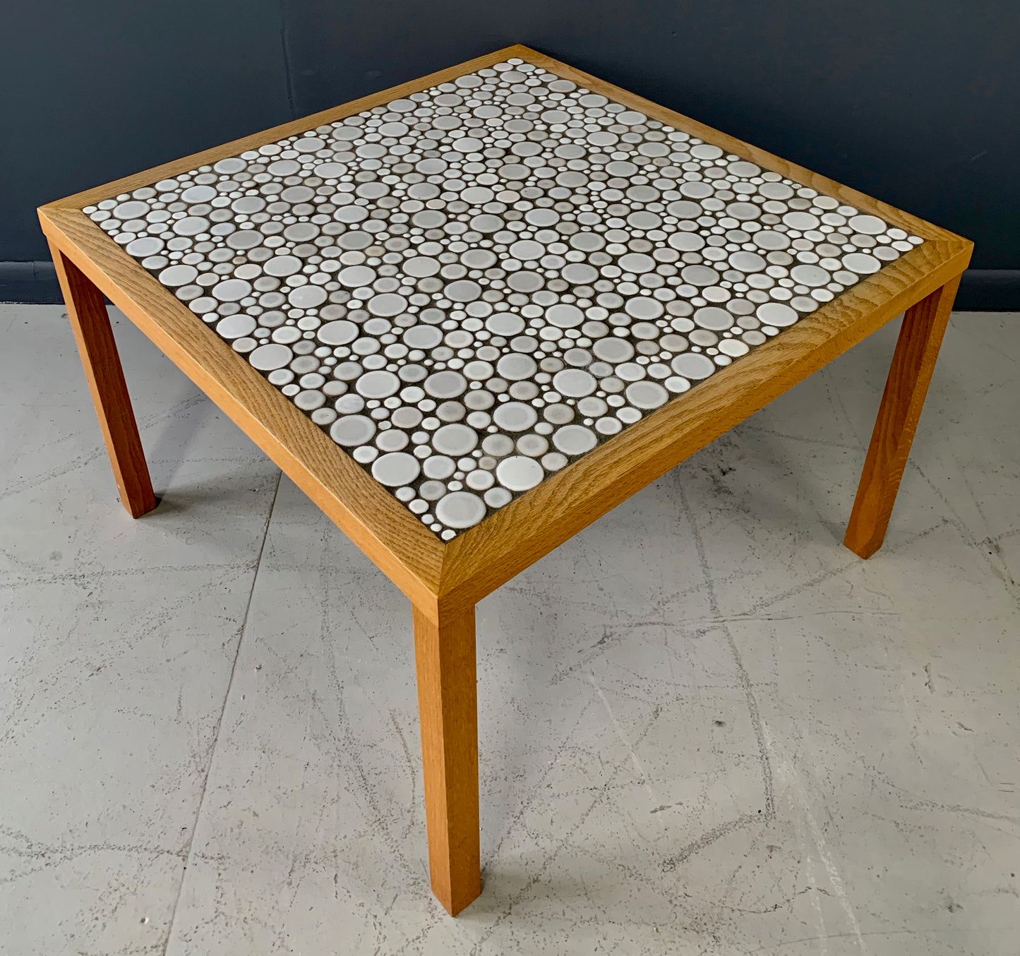 SOLD – Martz Square Coffee Table in White Ceramic Circular Tiles Set in Charcoal Grout