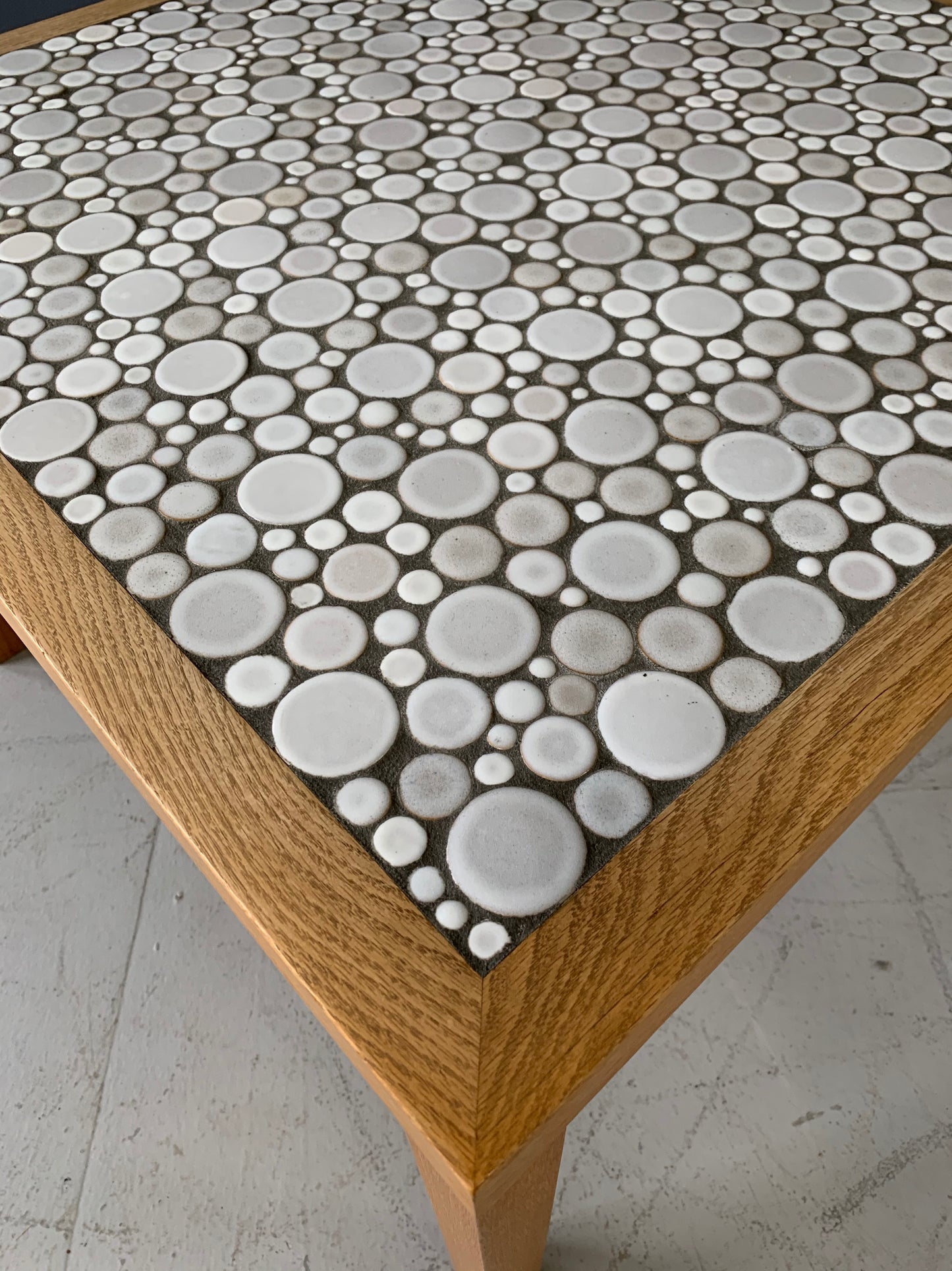 SOLD – Martz Square Coffee Table in White Ceramic Circular Tiles Set in Charcoal Grout