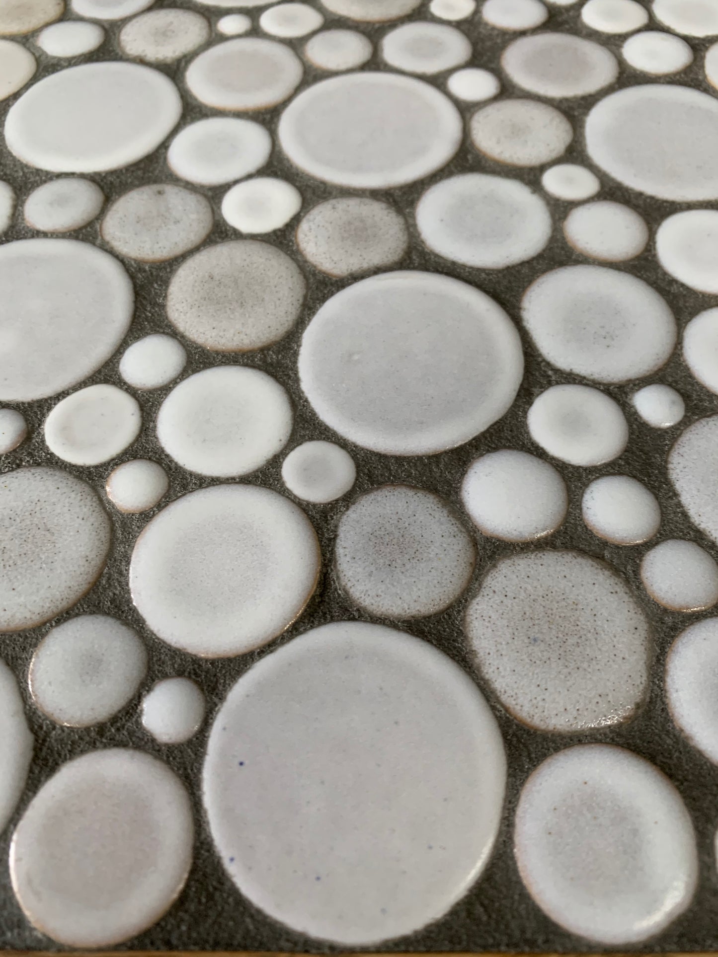SOLD – Martz Square Coffee Table in White Ceramic Circular Tiles Set in Charcoal Grout