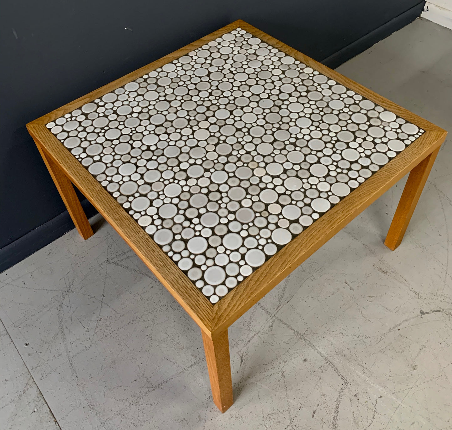 SOLD – Martz Square Coffee Table in White Ceramic Circular Tiles Set in Charcoal Grout