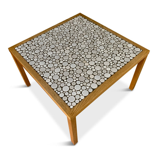 SOLD – Martz Square Coffee Table in White Ceramic Circular Tiles Set in Charcoal Grout
