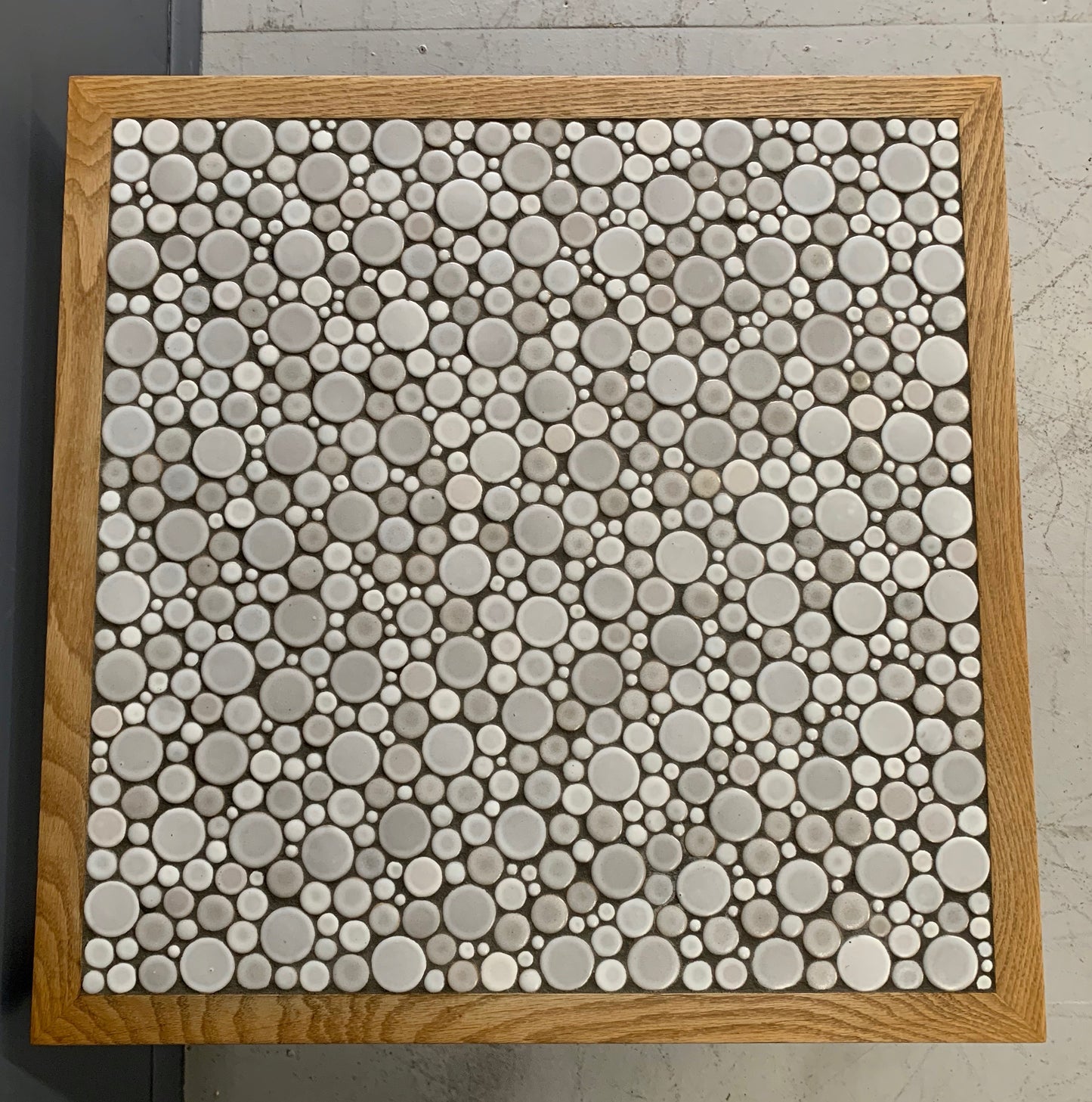 SOLD – Martz Square Coffee Table in White Ceramic Circular Tiles Set in Charcoal Grout