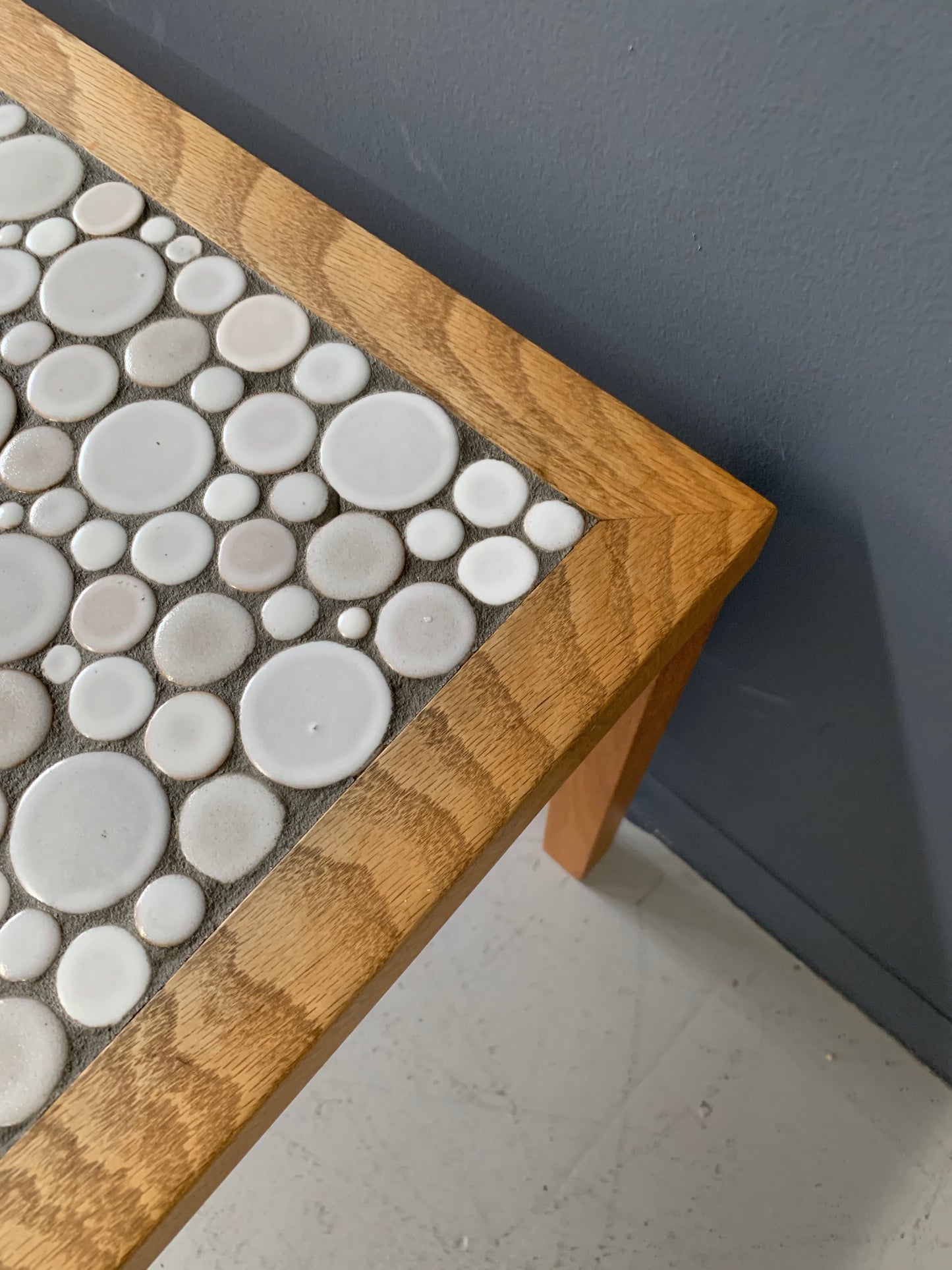 SOLD – Martz Square Coffee Table in White Ceramic Circular Tiles Set in Charcoal Grout