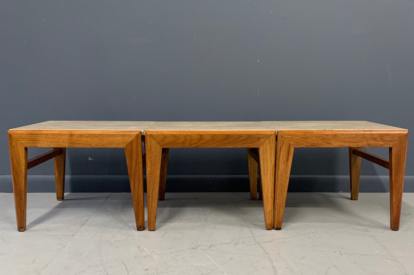 SOLD – Mid-Century Trio of Walnut and Travertine Stools or Bench by Jens Risom