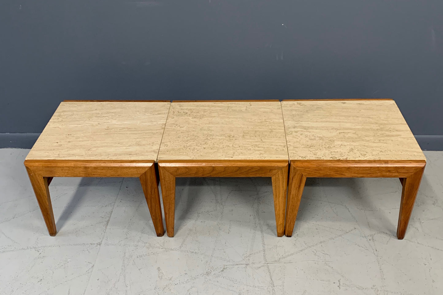 SOLD – Mid-Century Trio of Walnut and Travertine Stools or Bench by Jens Risom