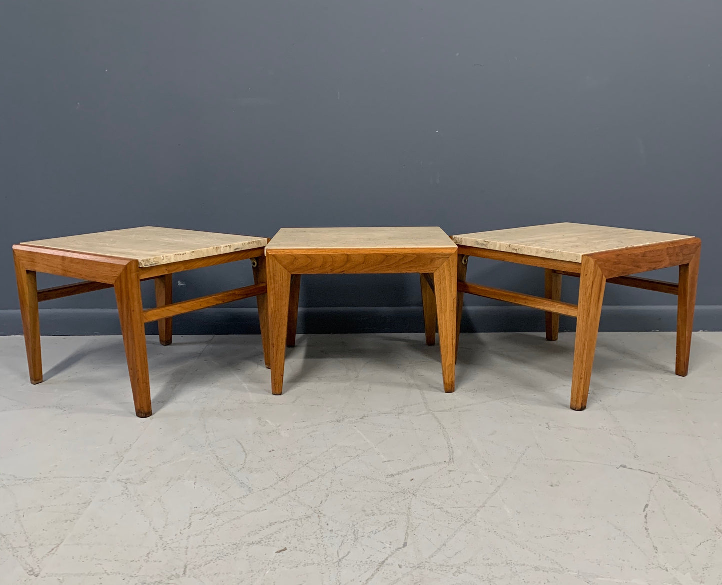 SOLD – Mid-Century Trio of Walnut and Travertine Stools or Bench by Jens Risom