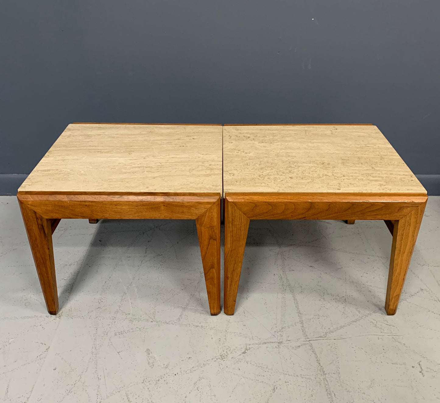 SOLD – Mid-Century Trio of Walnut and Travertine Stools or Bench by Jens Risom
