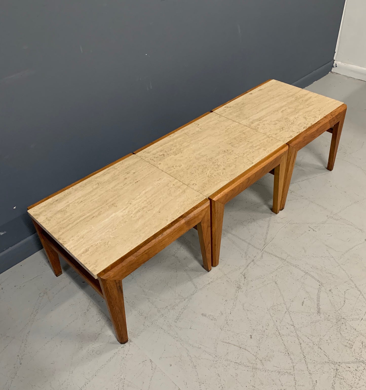 SOLD – Mid-Century Trio of Walnut and Travertine Stools or Bench by Jens Risom