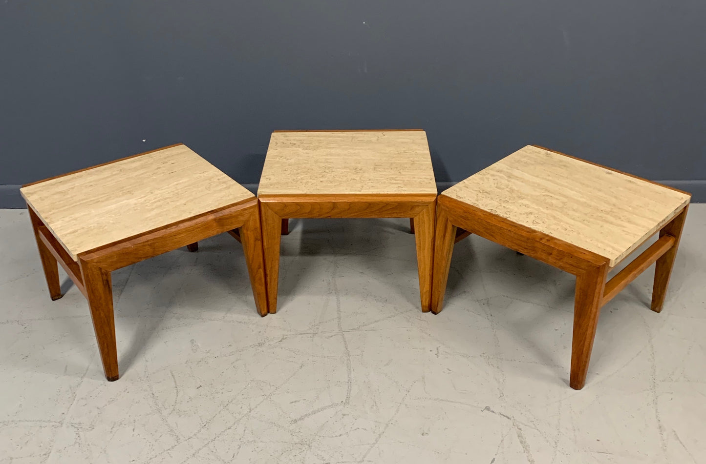 SOLD – Mid-Century Trio of Walnut and Travertine Stools or Bench by Jens Risom