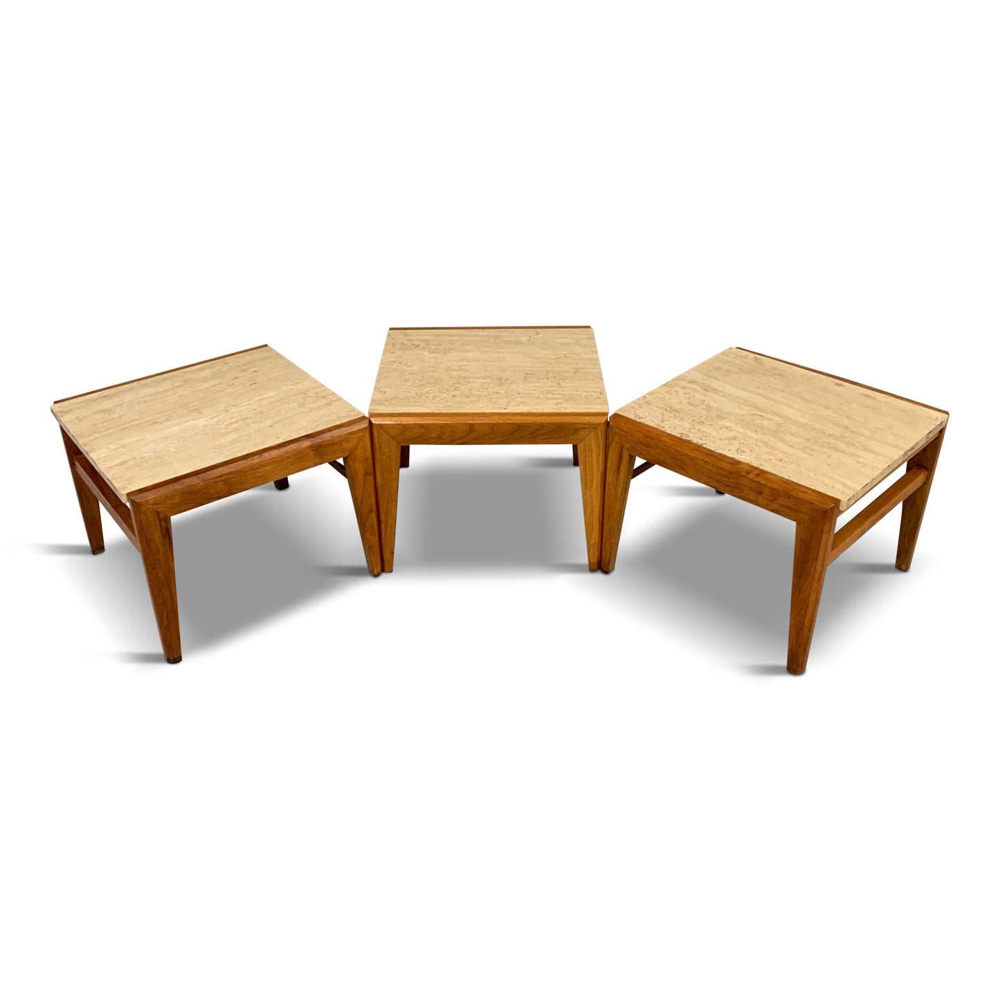 SOLD – Mid-Century Trio of Walnut and Travertine Stools or Bench by Jens Risom