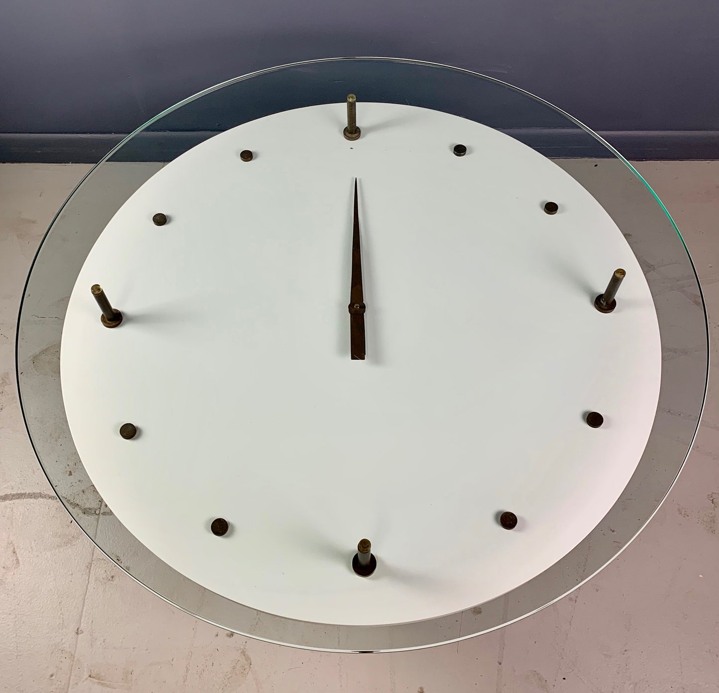 SOLD – Italian Round Clock Coffee Table in Brass and Lacquer with Glass Top Mid Century