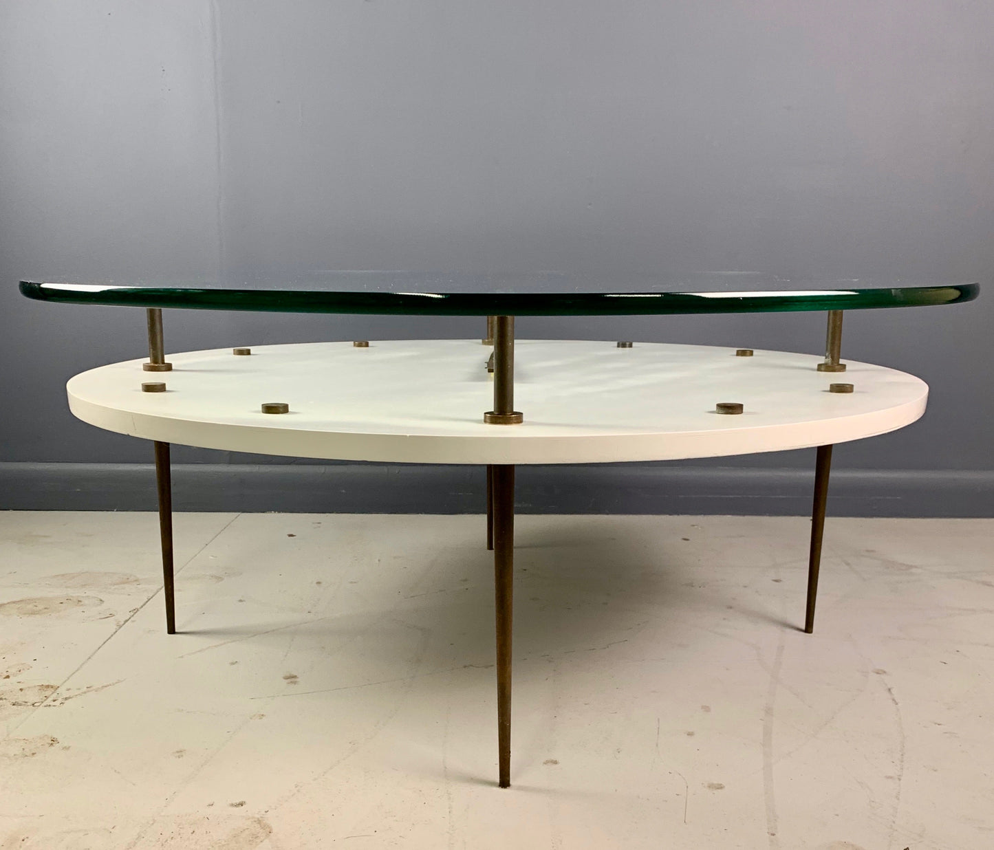 SOLD – Italian Round Clock Coffee Table in Brass and Lacquer with Glass Top Mid Century