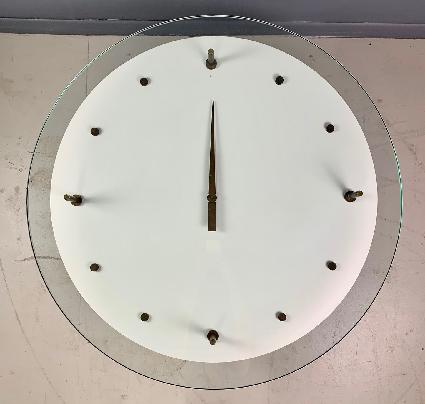 SOLD – Italian Round Clock Coffee Table in Brass and Lacquer with Glass Top Mid Century