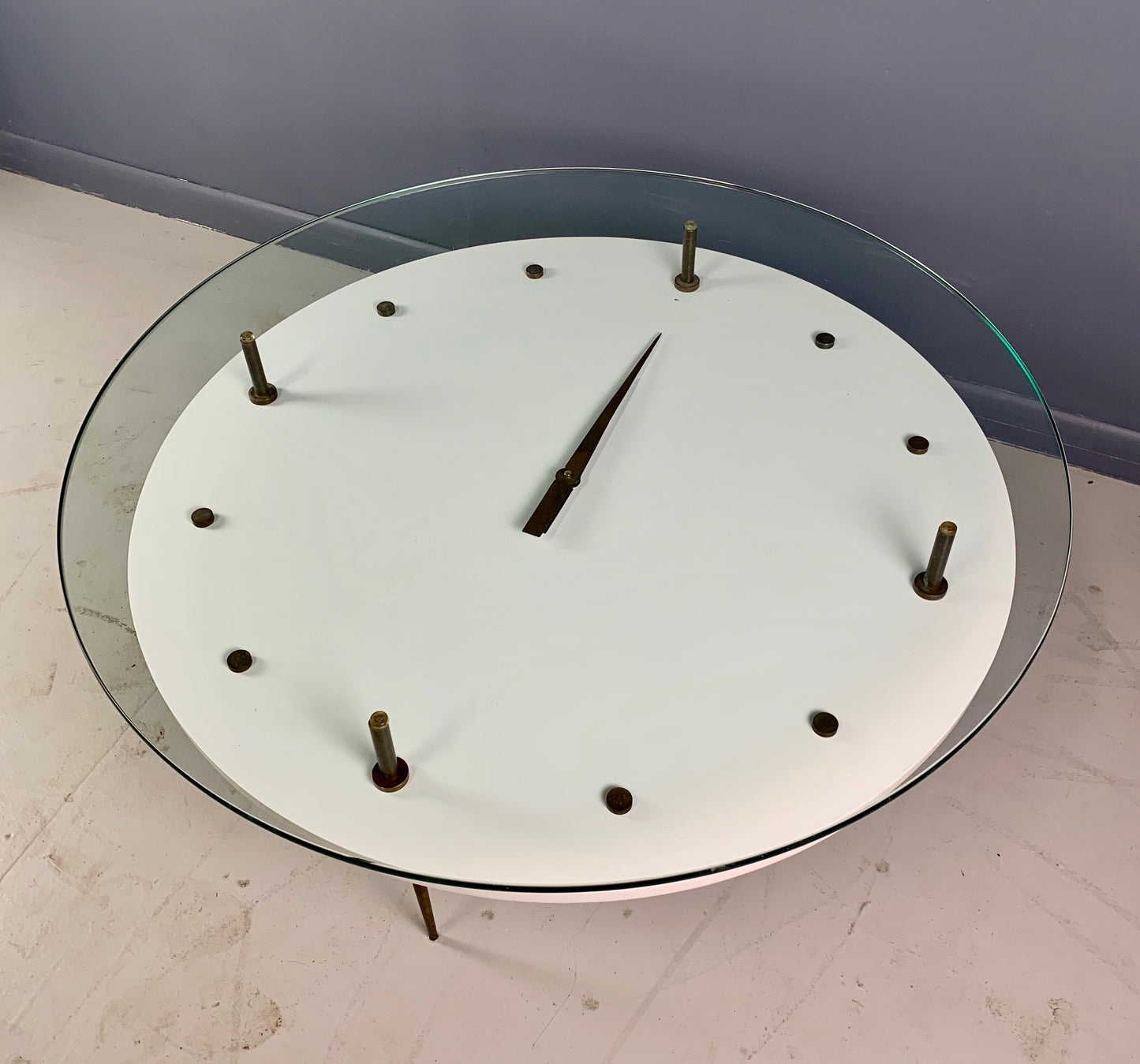 SOLD – Italian Round Clock Coffee Table in Brass and Lacquer with Glass Top Mid Century